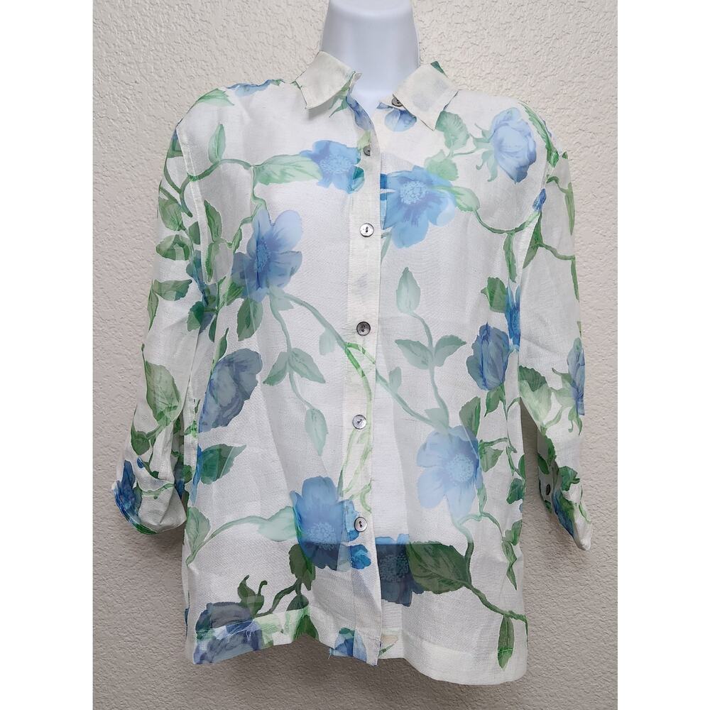 West End White Blue Green Floral Button Up Sheer Top Medium Lightweight Collard